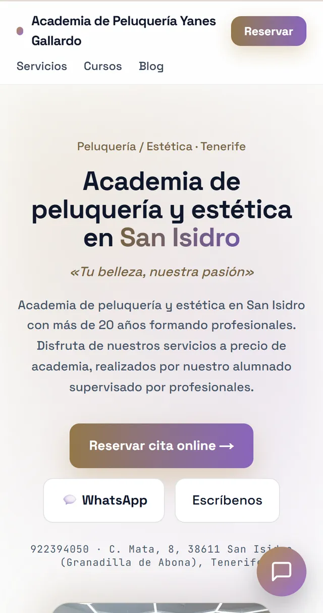 Web real de la Academia Yanes Gallardo en un móvil